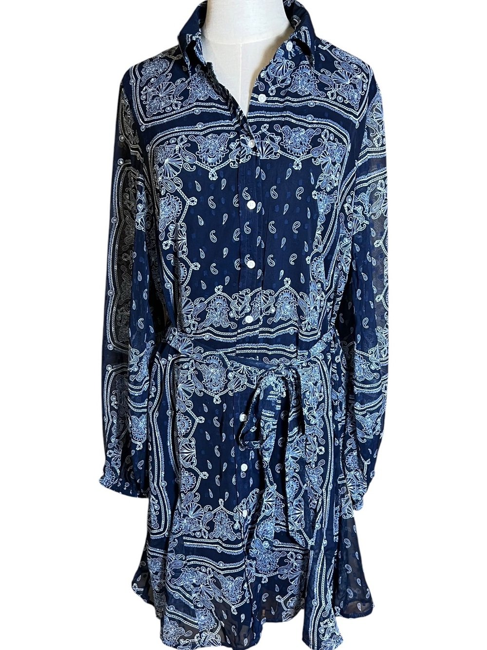 On 34th Bandana Paisley Shirt Dress Navy Belted Western M